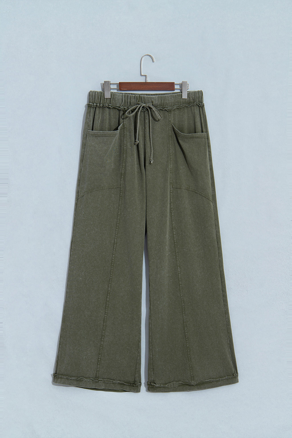 Jungle Green Mineral Wash Seam Detail Flare Leg Drawstring Pants