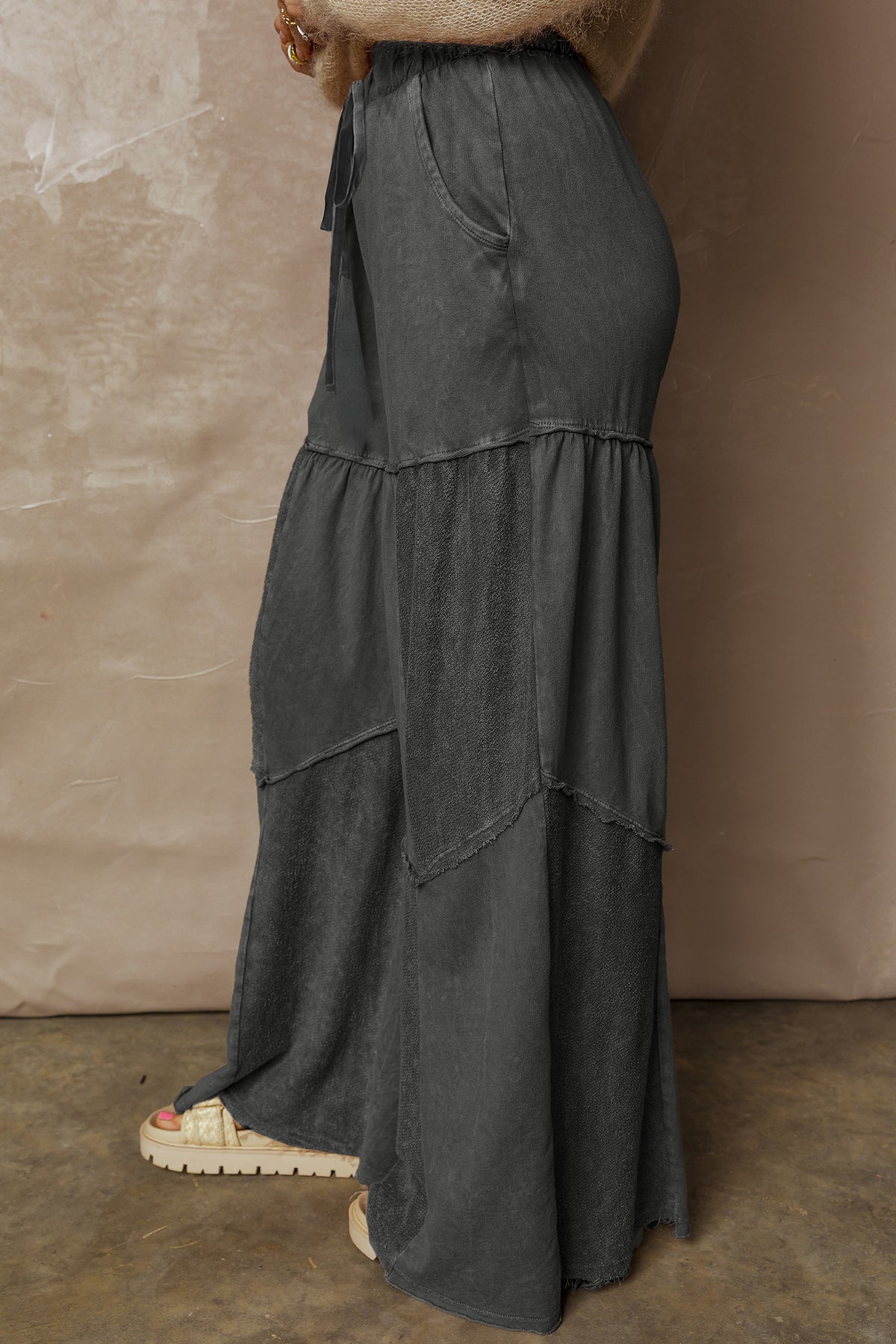 Black Mineral Wash Tiered Wide Leg Patchwork Drawstring Pants PREORDER ETA 3 WEEKS