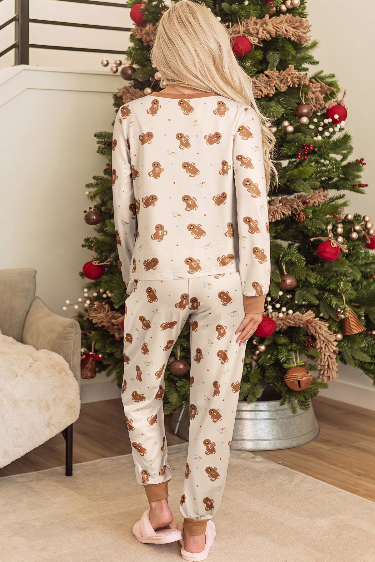 Khaki Abstract Gingerbread Print Colorblock Long Sleeve Two Piece Lounge Set PREORDER ETA 3 WEEKS