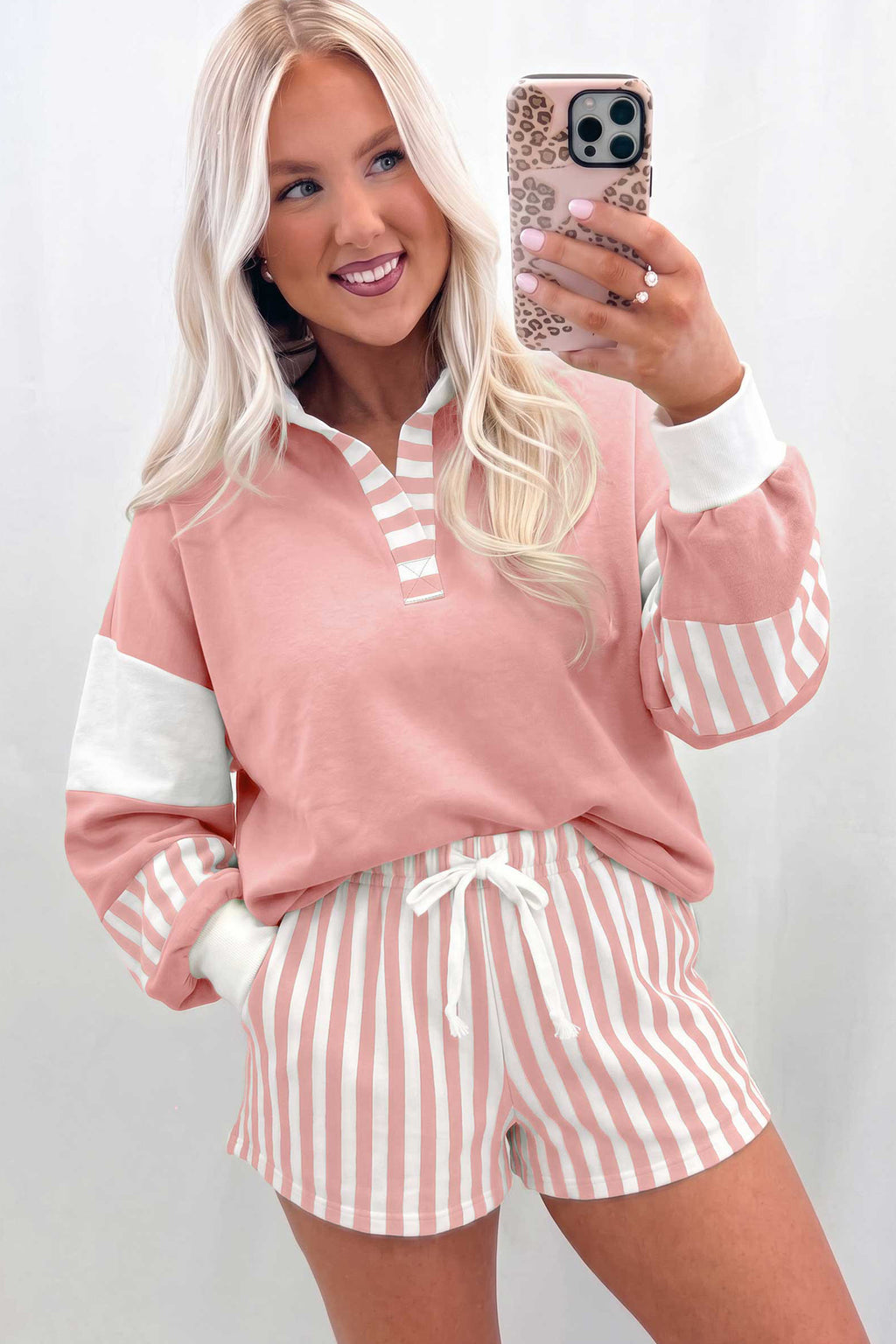 Black Striped Color Block Pullover Top Drawstring Shorts Set PREORDER ETA 3 WEEKS