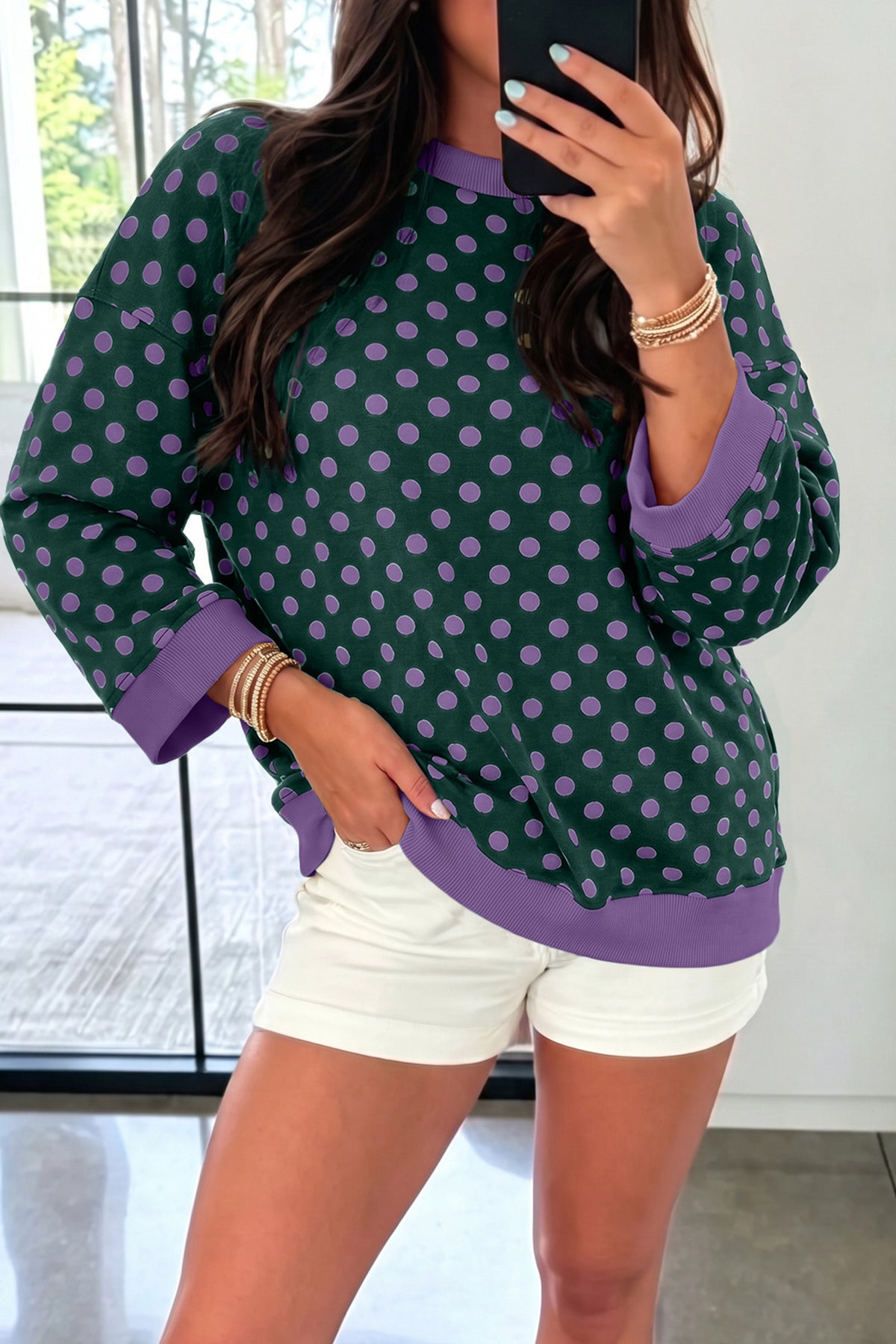 Green Polka Dot Print Contrast Trim Round Neck Bracelet Sleeve Top PREORDER ETA 3 WEEKS