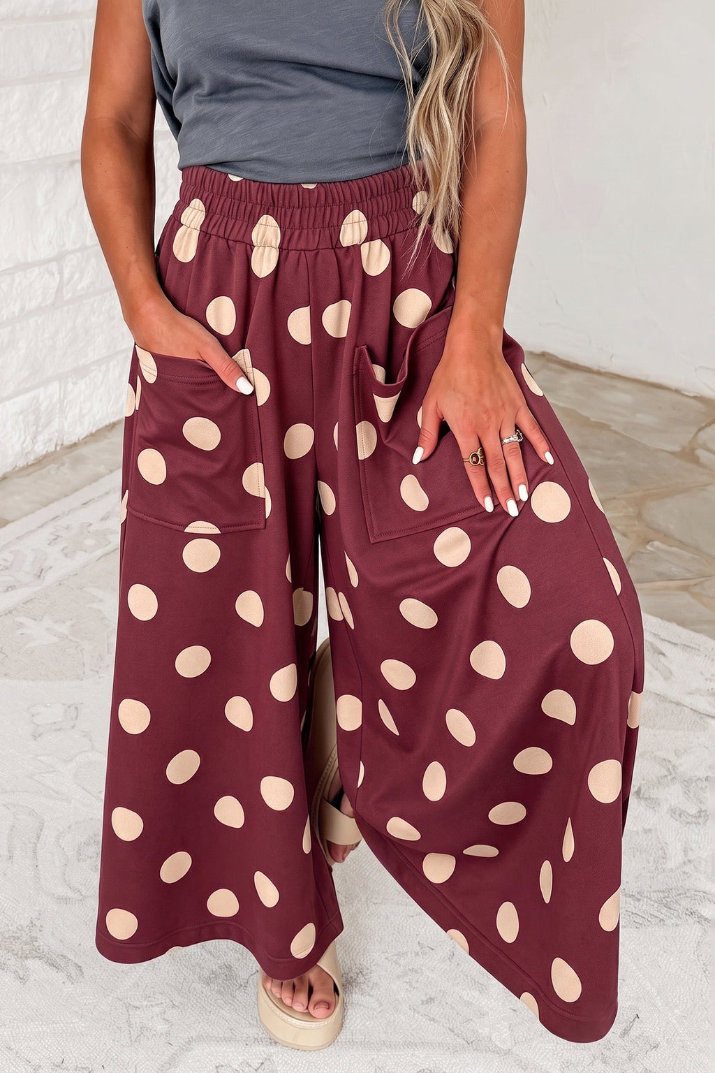 Burgundy Polka Dot Wide Leg Elastic Waist Casual Pants PREORDER ETA 3 WEEKS