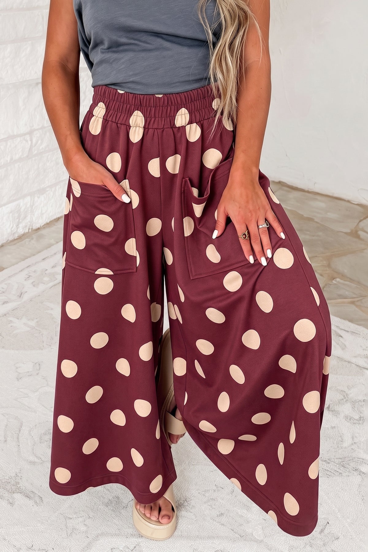 Burgundy Polka Dot Wide Leg Elastic Waist Casual Pants PREORDER ETA 3 WEEKS