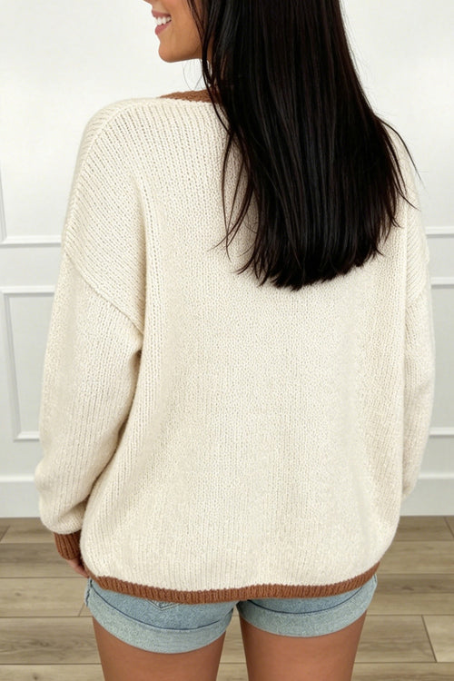 Apricot Contrast Trim V-Neck Tie Front Loose Sweater Cardigan PREORDER ETA 3 WEEKS