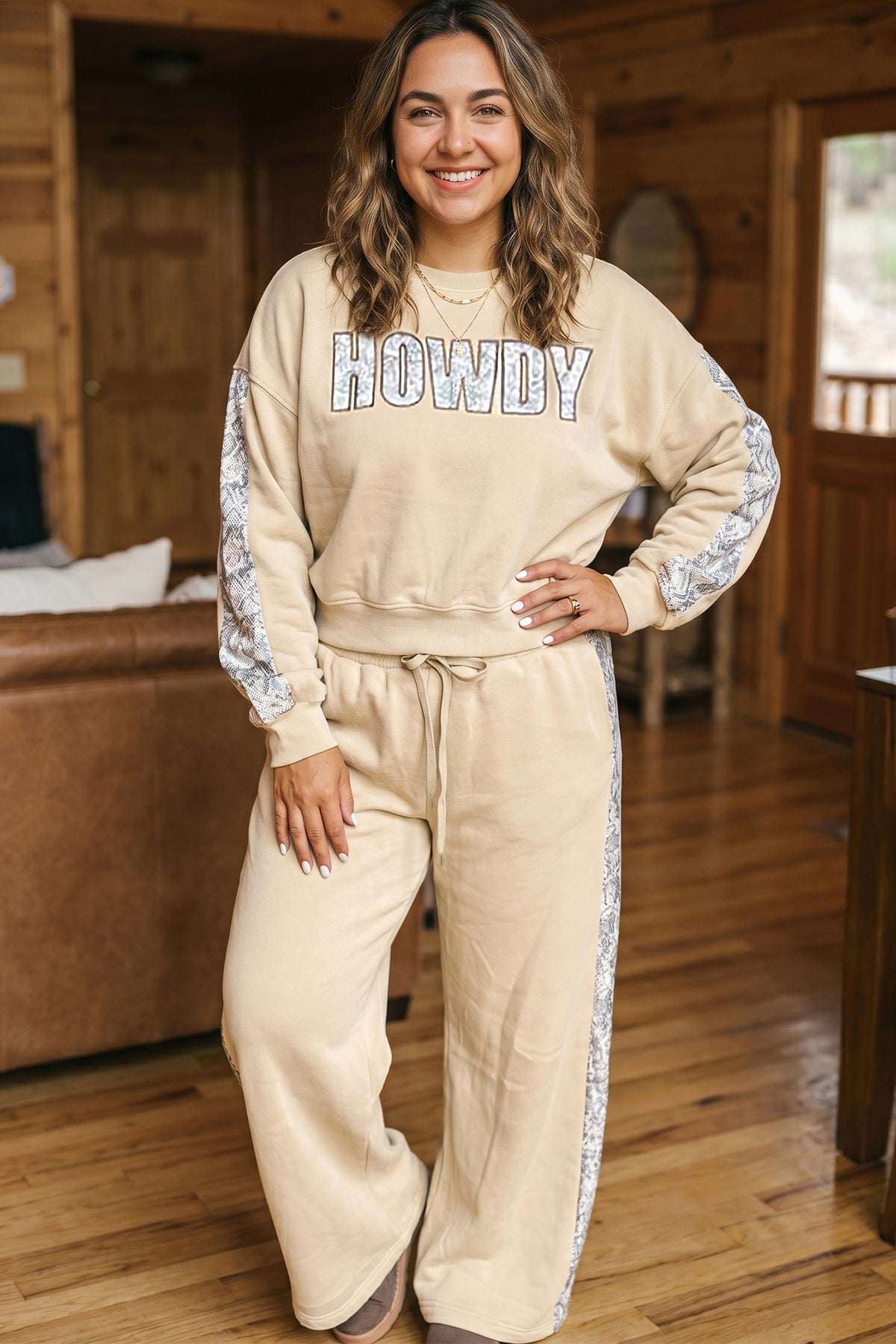 Parchment HOWDY Letter Print Colorblock Side Stripe Long Sleeve Plus Size Set PREORDER ETA 3 WEEKS