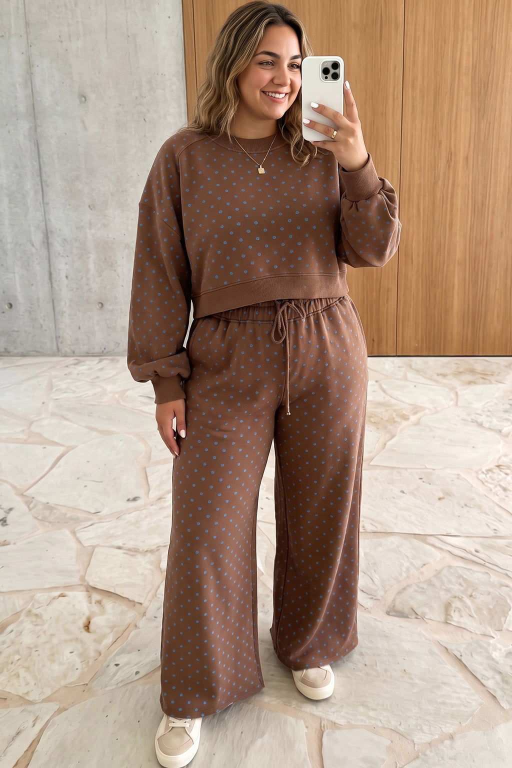 Brown Polka Dot Round Neck Long Sleeve Plus Size Set PREORDER ETA 3 WEEKS