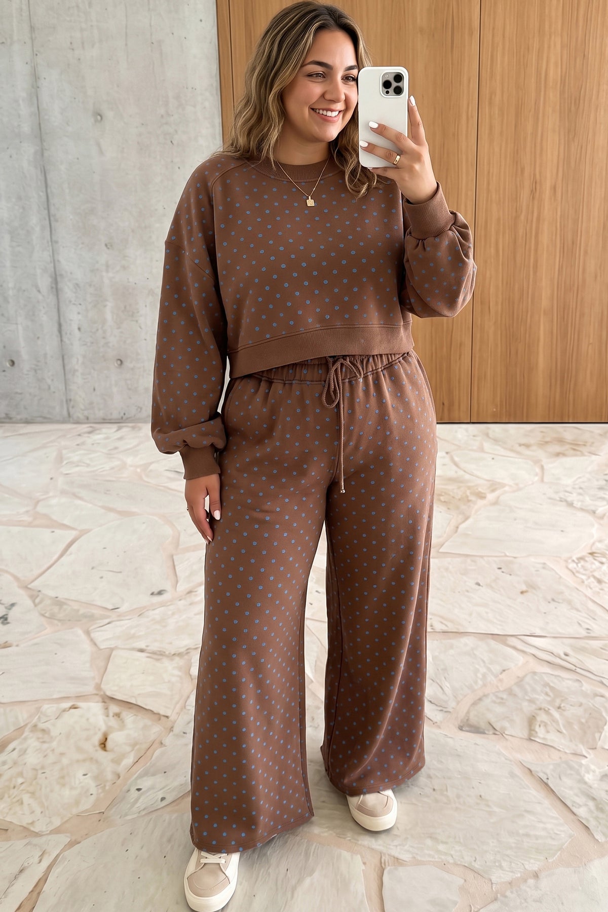 Brown Polka Dot Round Neck Long Sleeve Plus Size Set PREORDER ETA 3 WEEKS