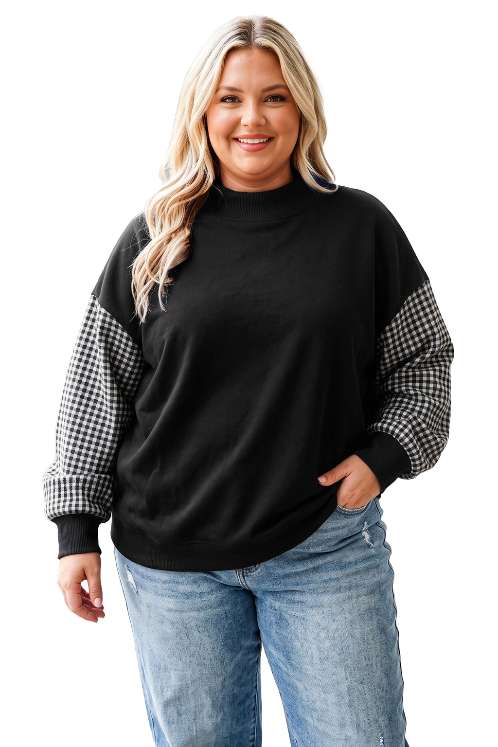 Black Patchwork Plaid Loose Fit Long Sleeve Plus Size Sweatshirt PREORDER ETA 3 WEEKS