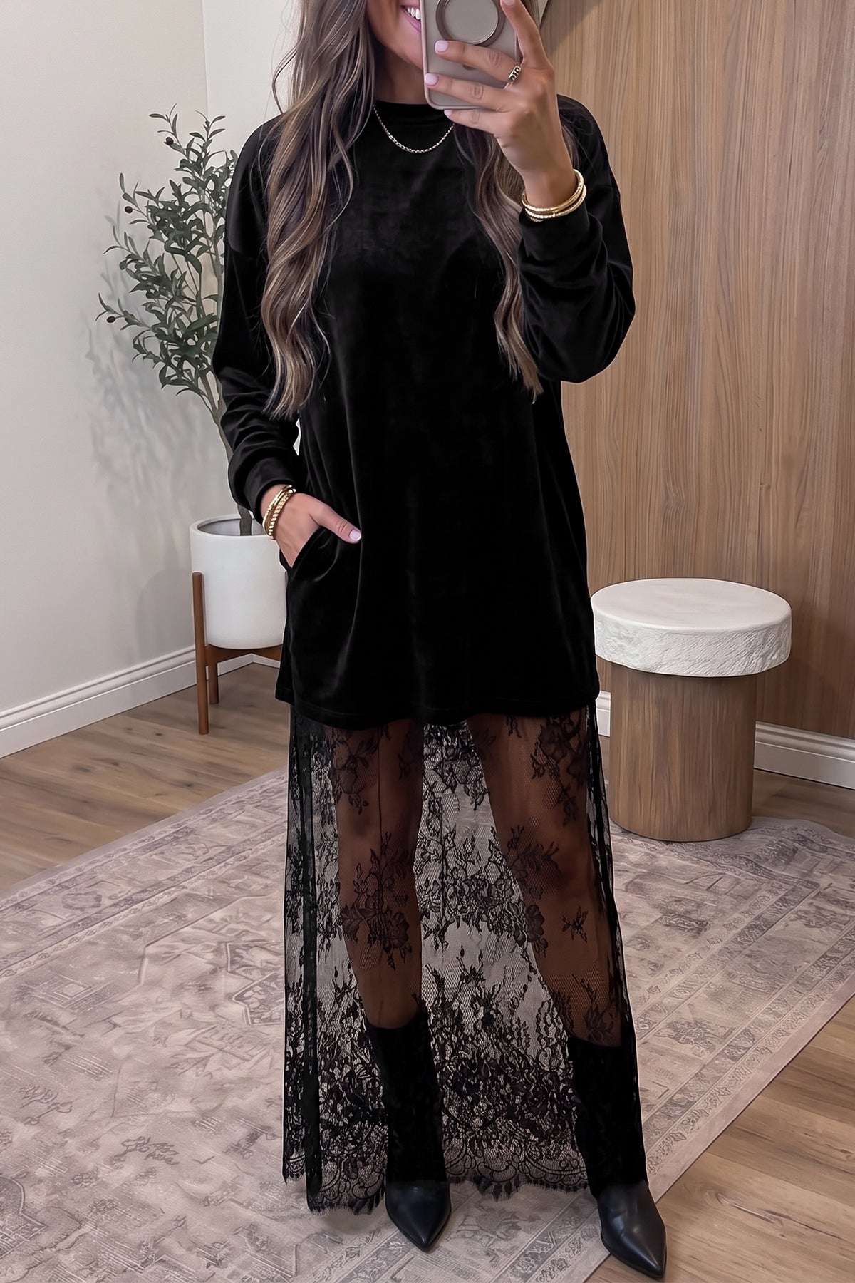 Blackish Green Velvet Long Sleeve Lace Splicing Hem Shift Maxi Dress PREORDER ETA 3 WEEKS