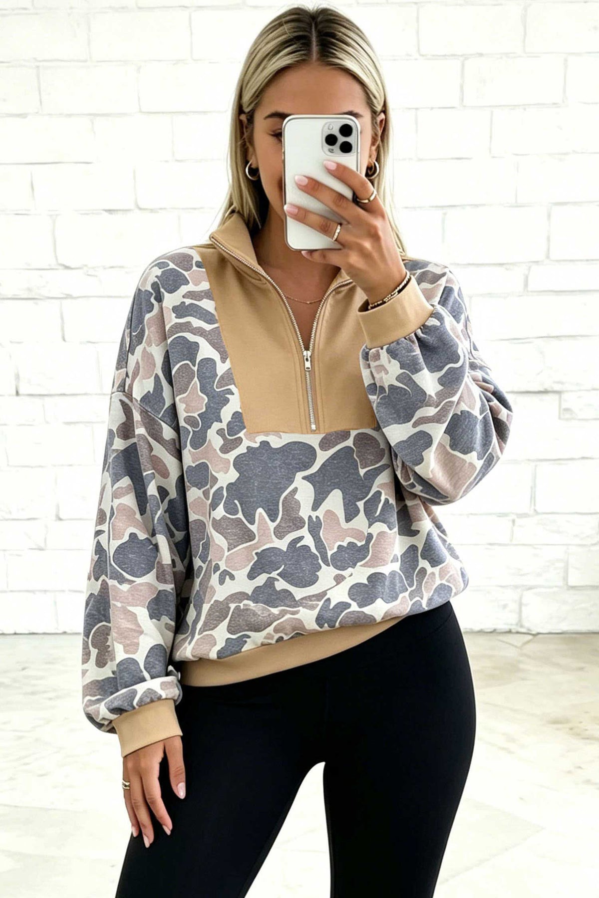 Multicolour Camouflage Print Color Block Trim Zipper Stand Neck Pullover Sweatshirt PREORDER ETA 3 WEEKS