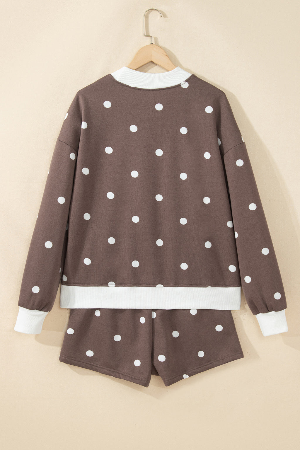 Brown Polka Dot Ribbed Trim Long Sleeve Top Casual Short Set PREORDER ETA 3 WEEKS