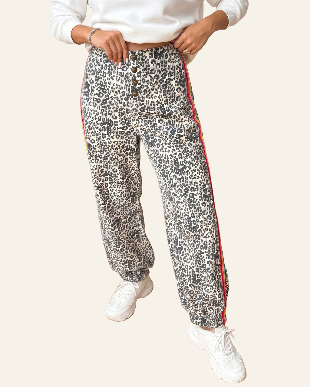 Brown Leopard Print Rainbow Striped Detail Buttoned Loose Jogger Jeans