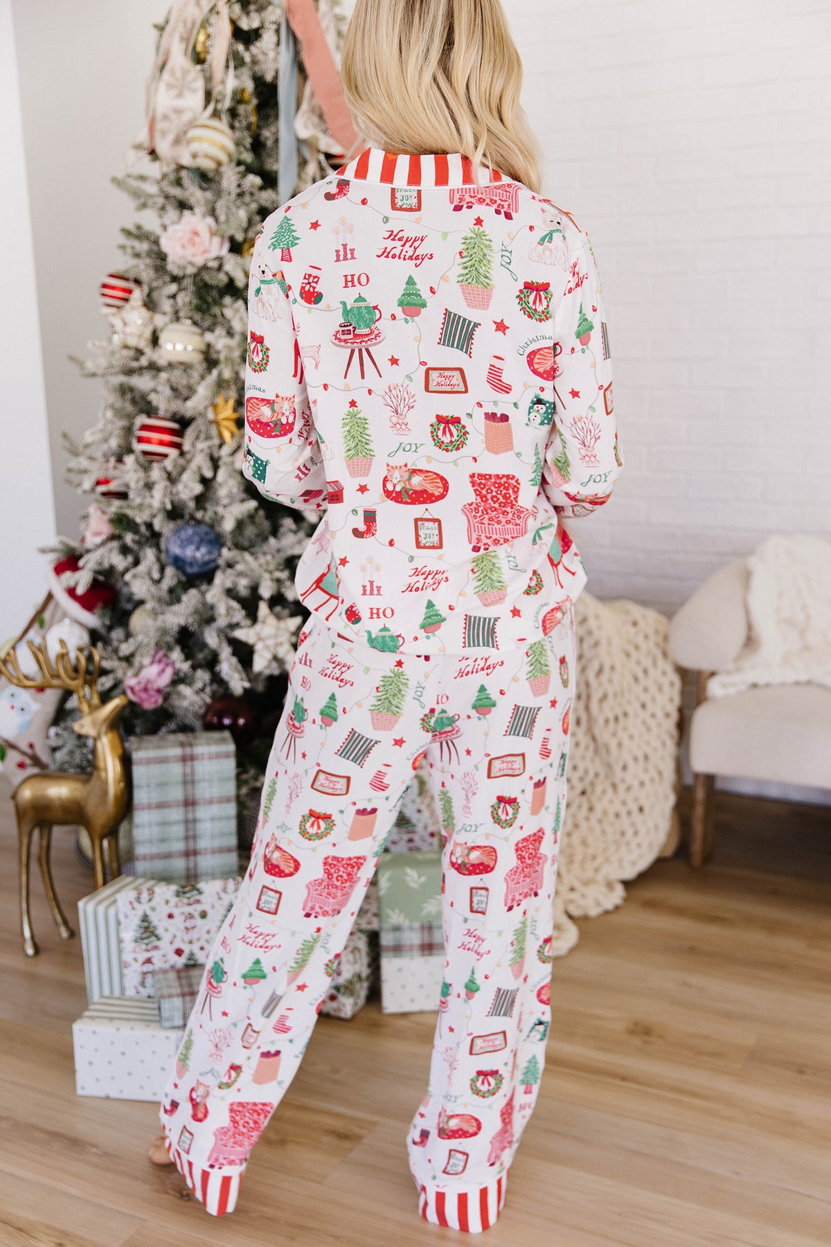 White Striped Holiday Long Sleeve Two Piece Shift Home Wear Lounge Set PREORDER ETA 3 WEEKS