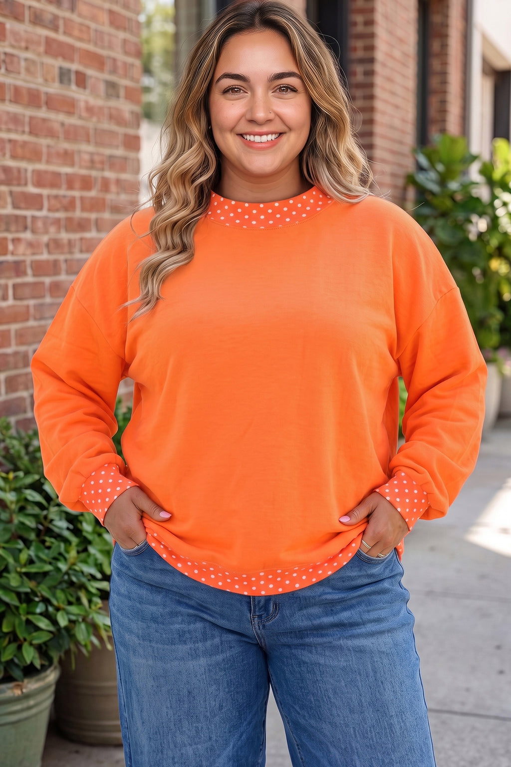 Brown Polka Dot Patchwork Round Neck Plus Size Sweatshirt PREORDER ETA 3 WEEKS