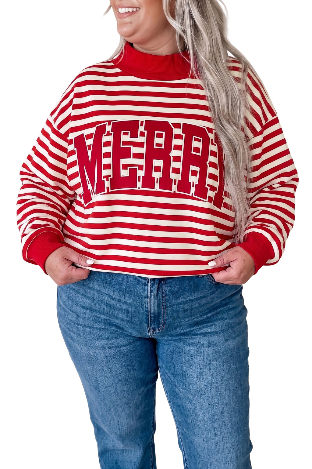 Red Stripe Plus Size MERRY Festive Letter Embroidery Patched Graphic Pullover Sweatshirt PREORDER ETA 3 WEEKS