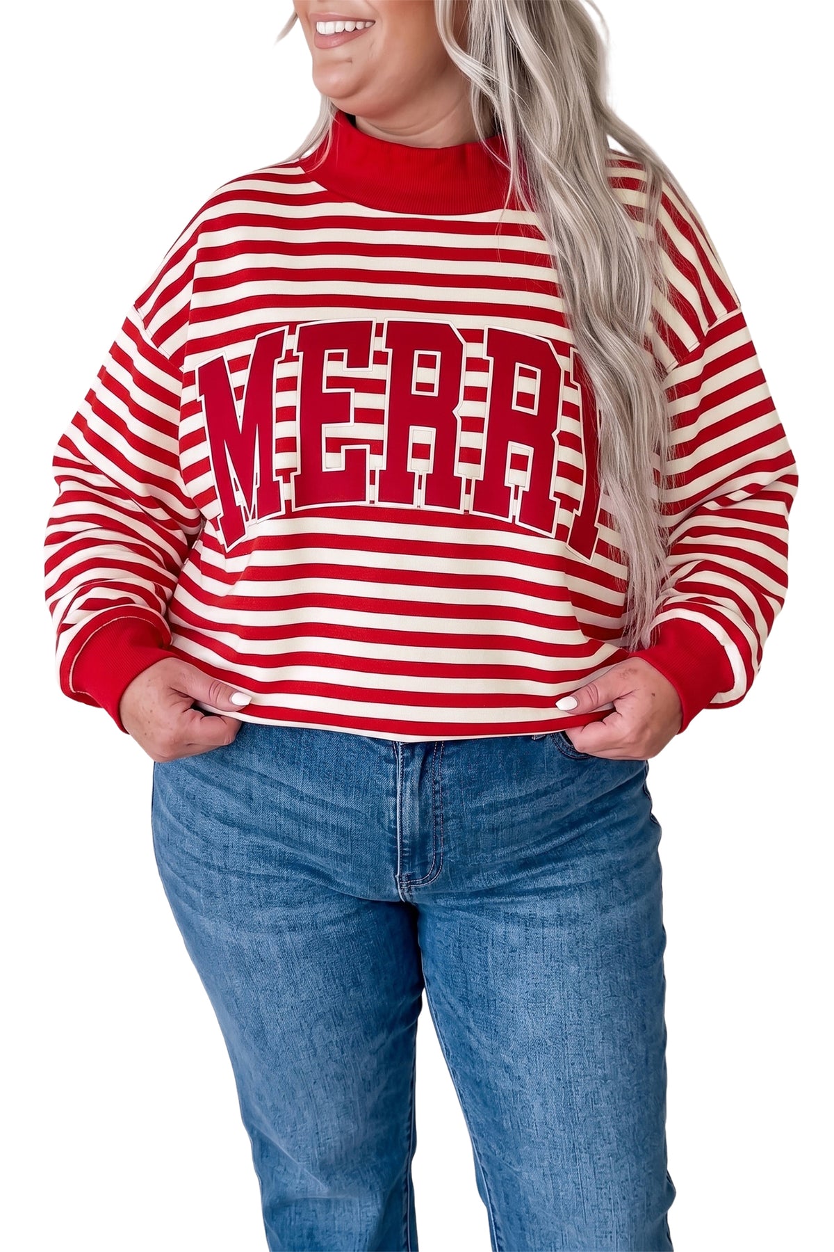 Red Stripe Plus Size MERRY Festive Letter Embroidery Patched Graphic Pullover Sweatshirt PREORDER ETA 3 WEEKS