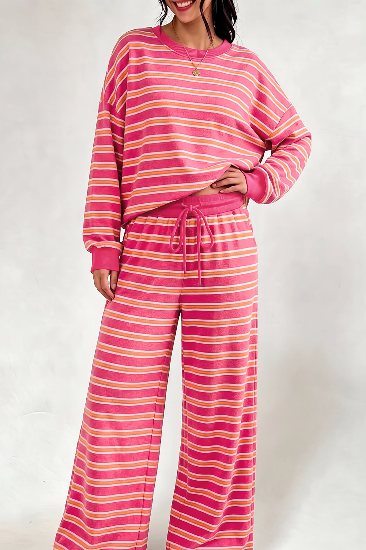 Rose Stripe Back Cutout Long Sleeve Top and Wide Leg Pants 2pcs Set PREORDER ETA 3 WEEKS