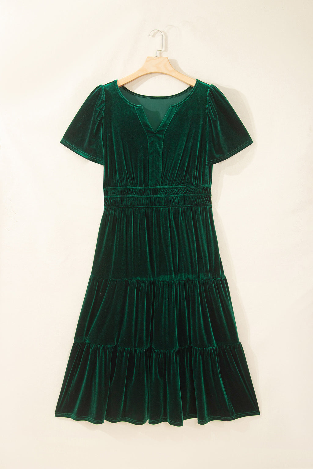 Blackish Green Velvet Short Sleeve Shirred Waist Tiered Plus Size Maxi Dress PREORDER ETA 3 WEEKS