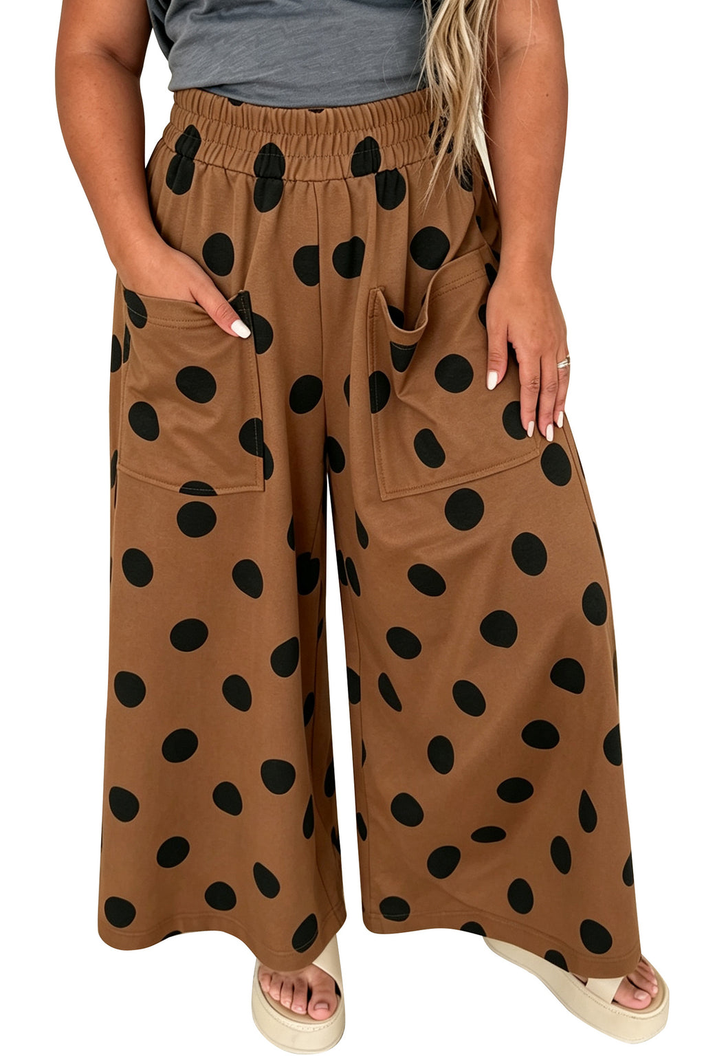 Brown Polka Dot Elastic Waist Wide Leg Plus Size Pants PREORDER ETA 3 WEEKS
