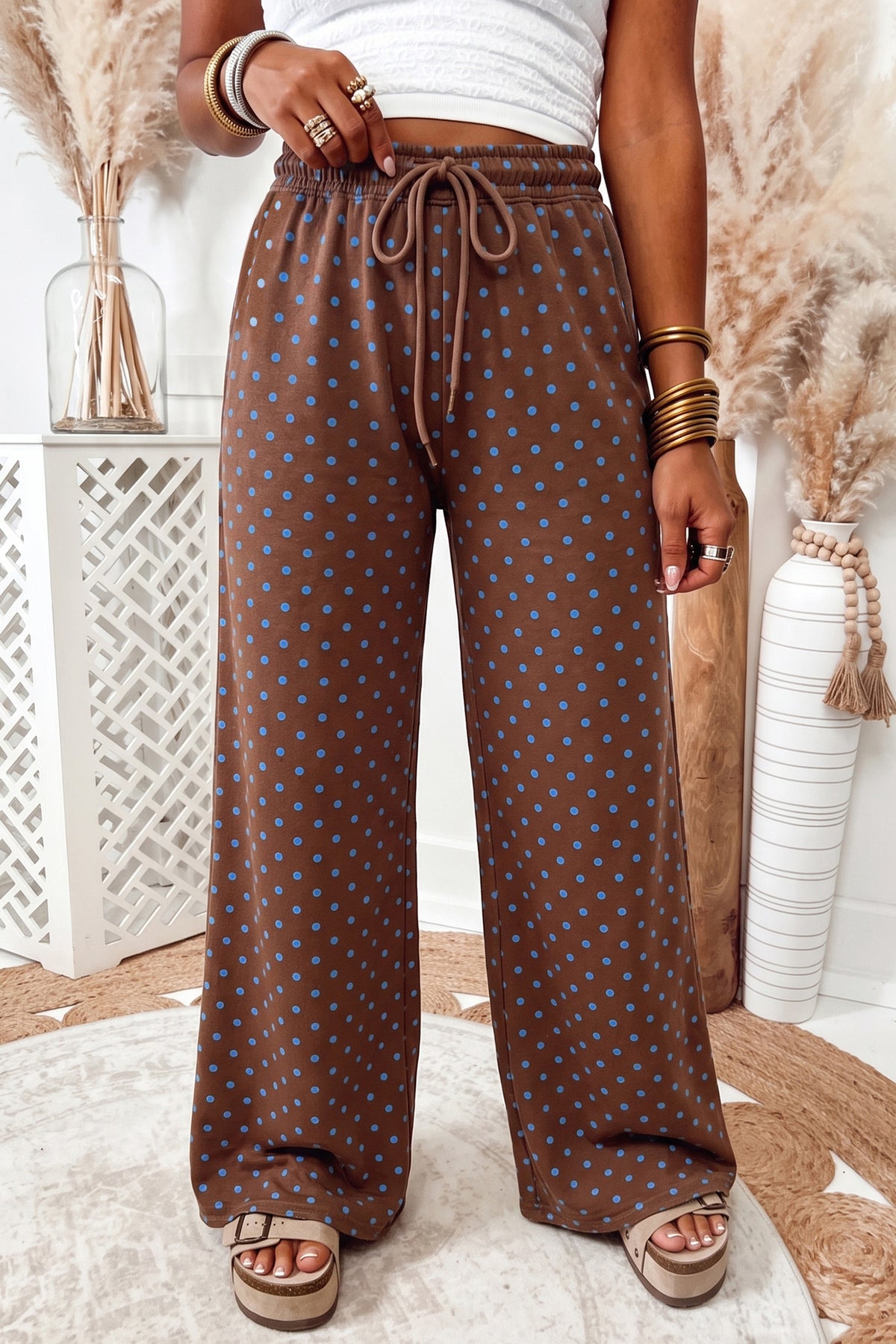 Brown Casual Polka Dot Wide Leg Drawstring Pants PREORDER ETA 3 WEEKS