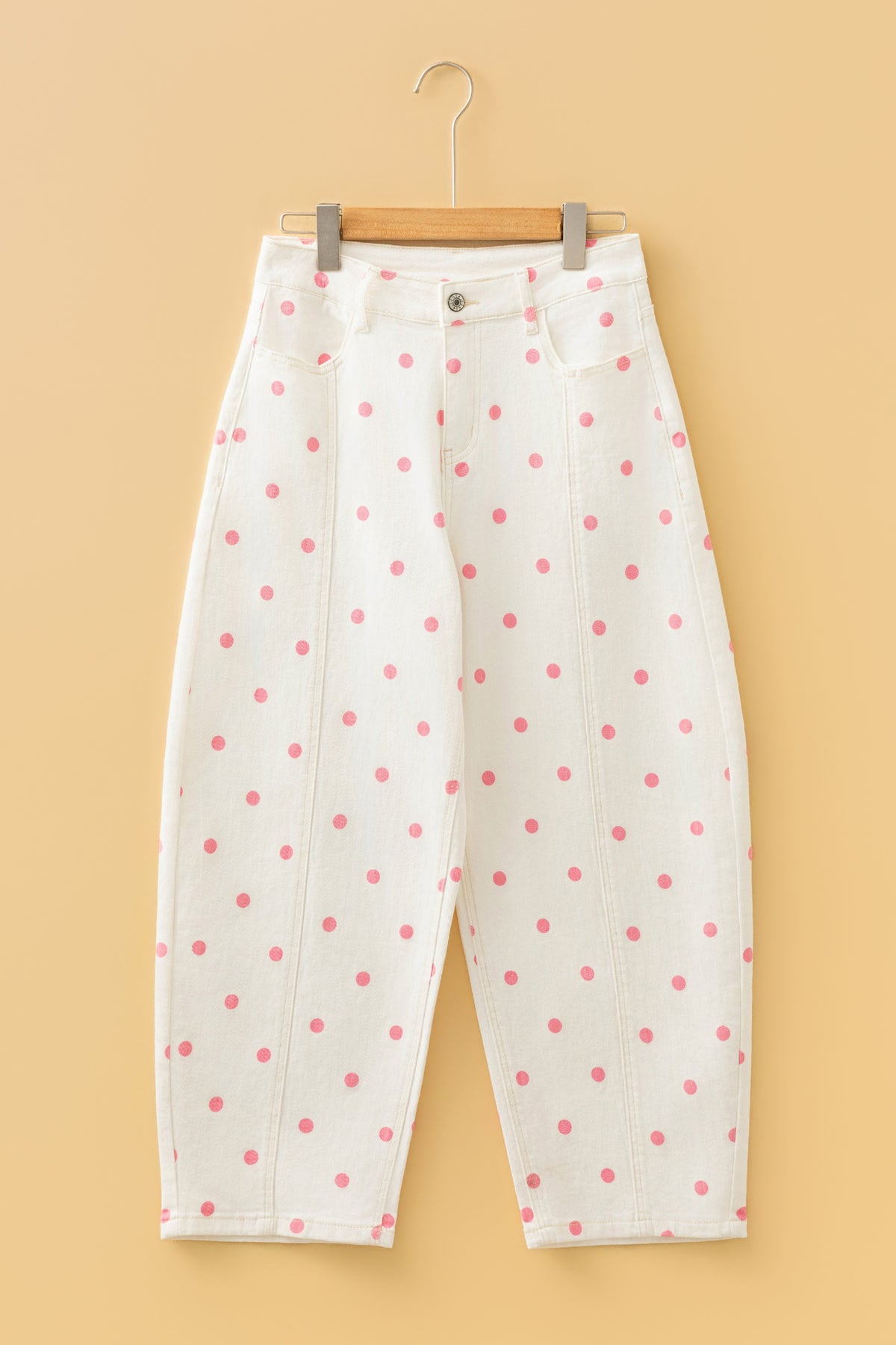 Pink Tailored Seam Polka Dot Print Barrel Casual Jeans PREORDER ETA 3 WEEKS
