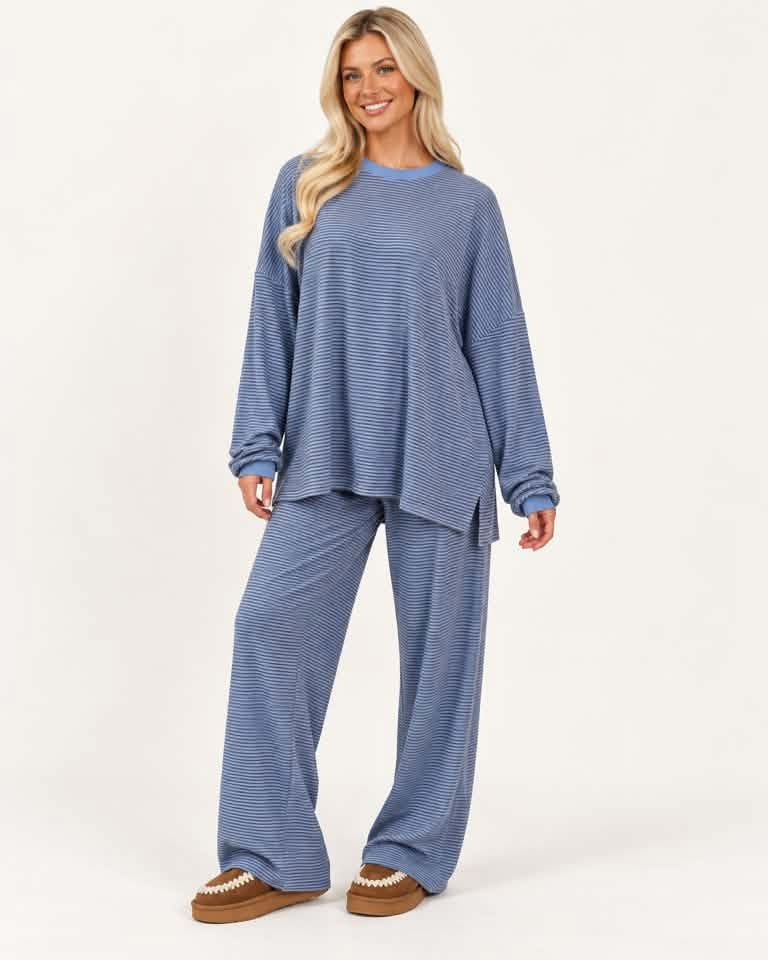 Stripe Contrast Trim Round Neck Oversize Long Sleeve Top 2pcs Pant Set PREORDER ETA 3 WEEKS