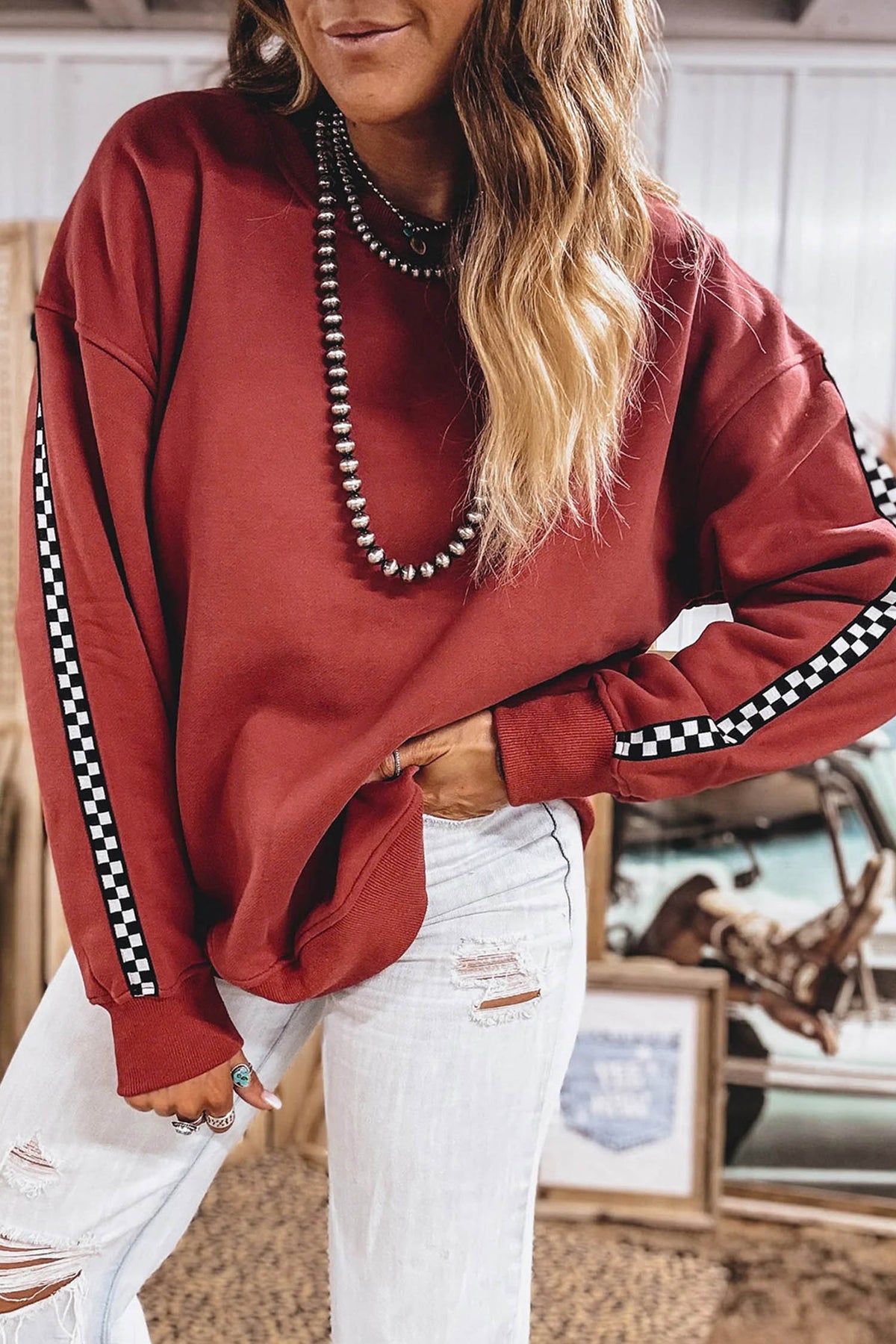 Mineral Red Checkered Trim Long Sleeve Round Neck Shift Sweatshirt PREORDER ETA 3 WEEKS