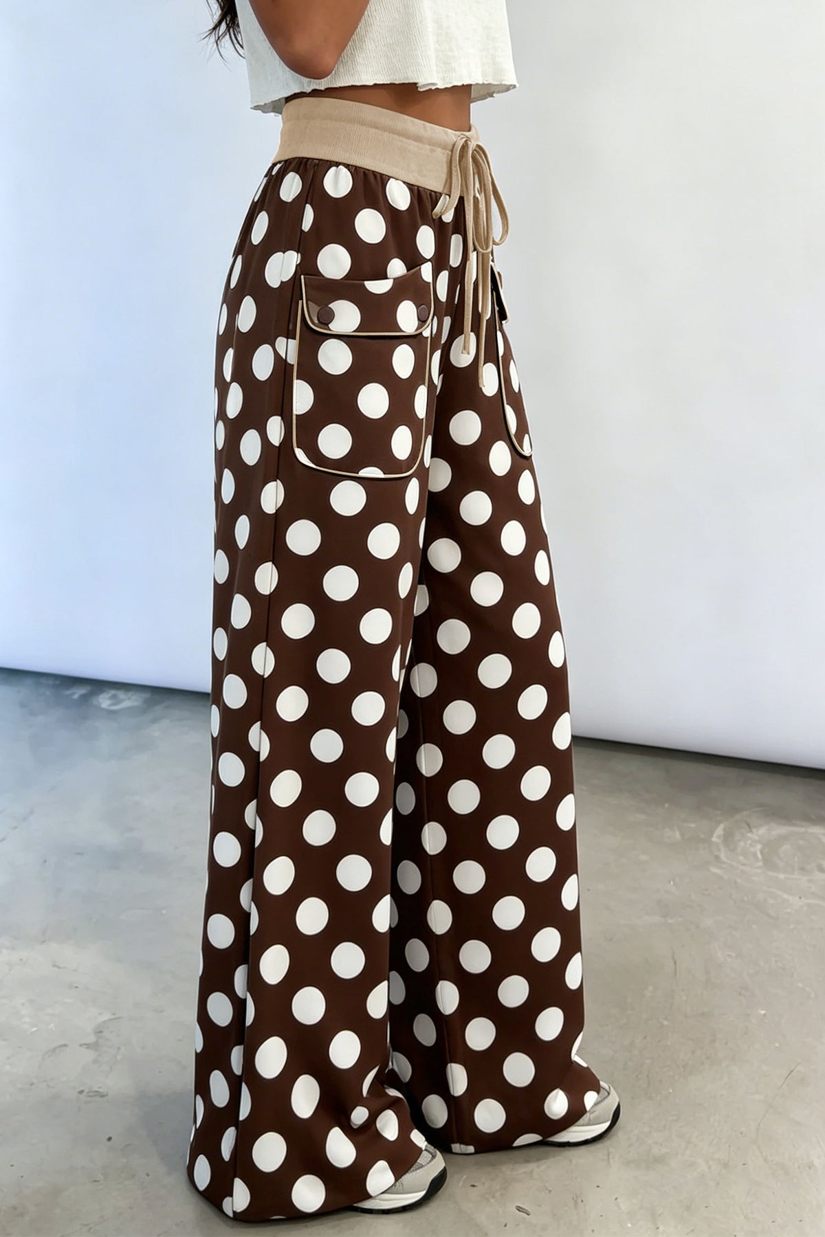 Brown Polka Dot Drawstring Pocket Wide Leg Pants PREORDER ETA 3 WEEKS