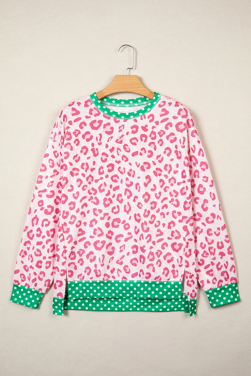 Pink Leopard Polka Dot Colorblock Trim Long Sleeve Top PREORDER ETA 3 WEEKS