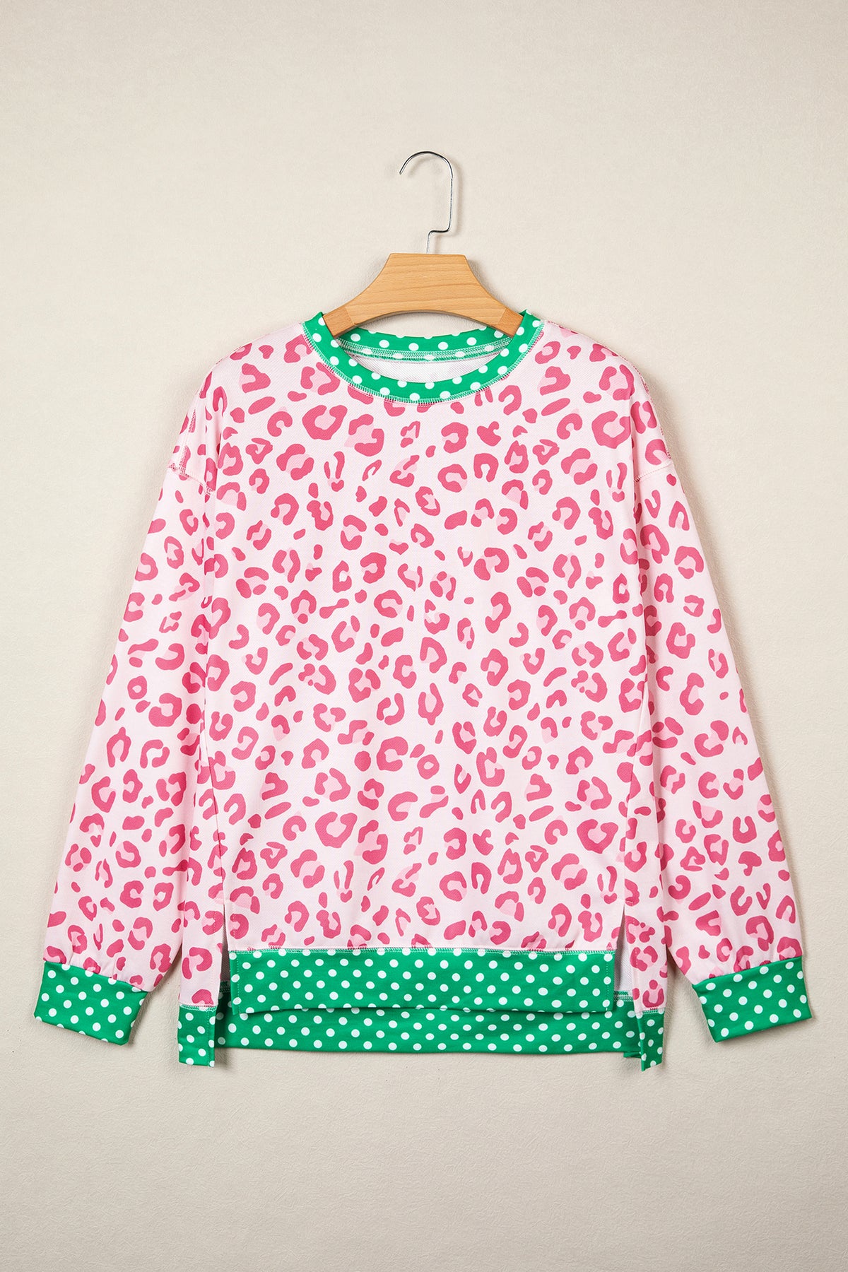Pink Leopard Polka Dot Colorblock Trim Long Sleeve Top PREORDER ETA 3 WEEKS