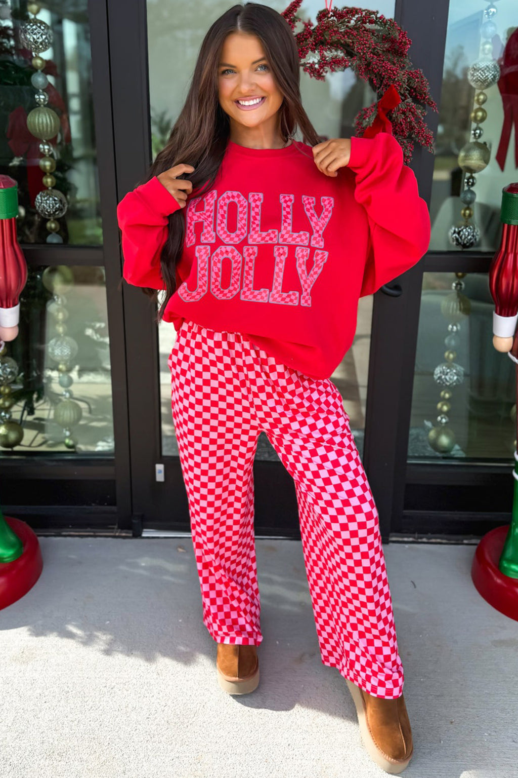 Pink Christmas Slogan Graphic Plaid Contrast Two-piece Pant Set PREORDER ETA 3 WEEKS