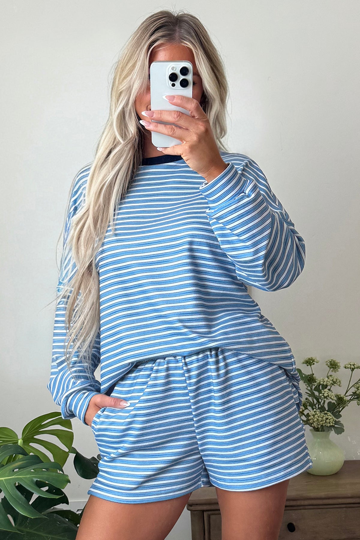 Sky Blue Stripe Long Sleeve Oversized Top Pocketed Casual Shorts Two Piece Set PREORDER ETA 3 WEEKS