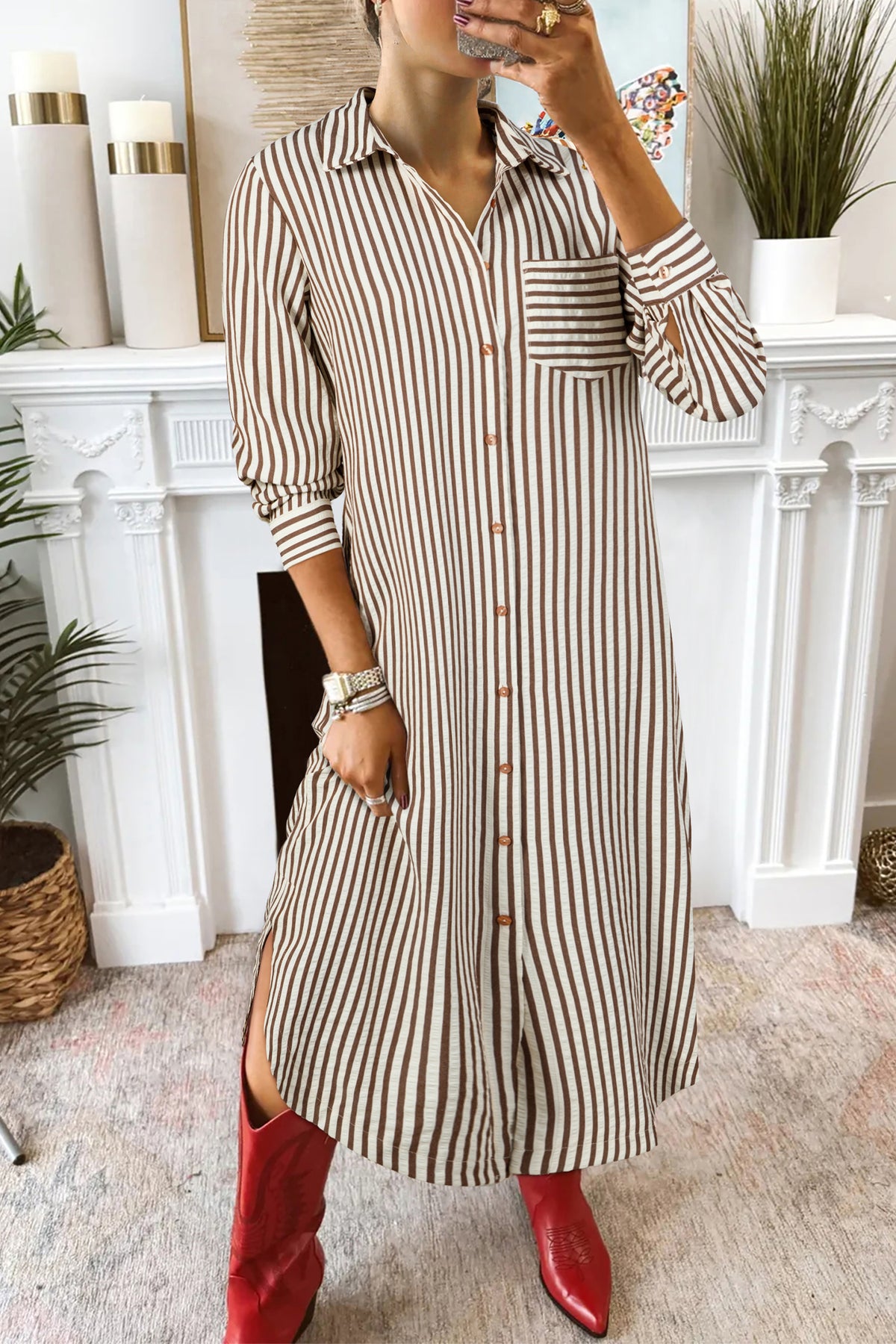 Brown Stripe Textured 3/4 Sleeve Round Hem Split Midi Shirt Dress PREORDER ETA 3 WEEKS