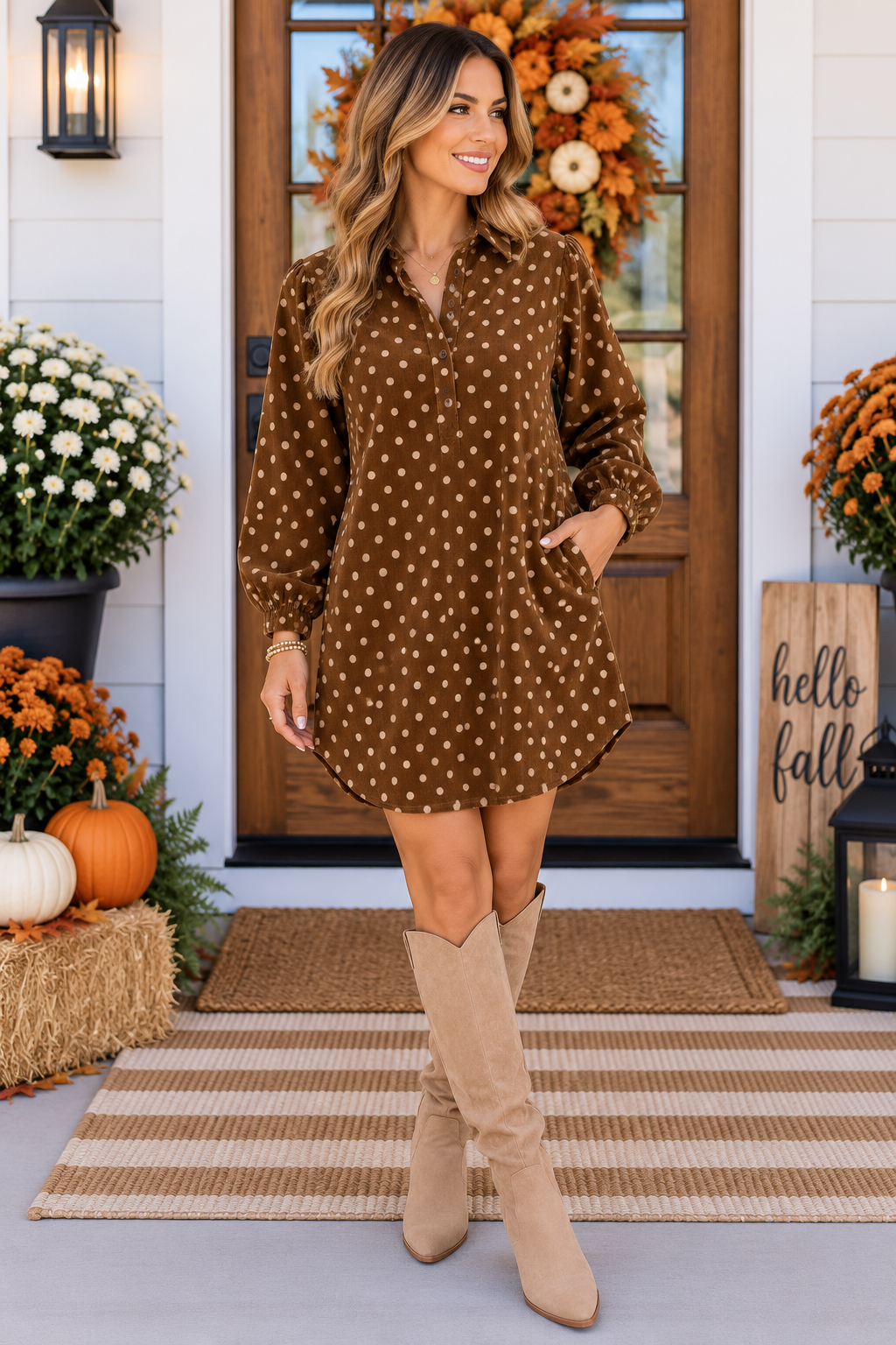 Brown Polka Dot V Neck Long Sleeve Button Shift Dress PREORDER ETA 3 WEEKS
