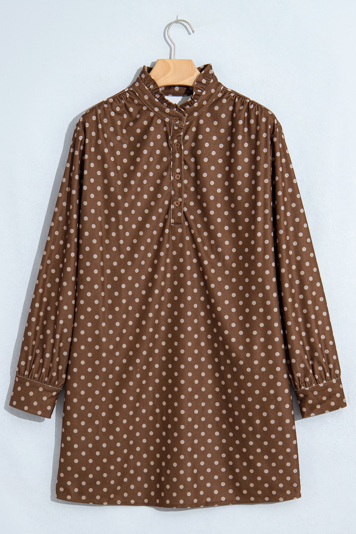 Brown Polka Dot V Neck Long Sleeve Button Shift Dress PREORDER ETA 3 WEEKS