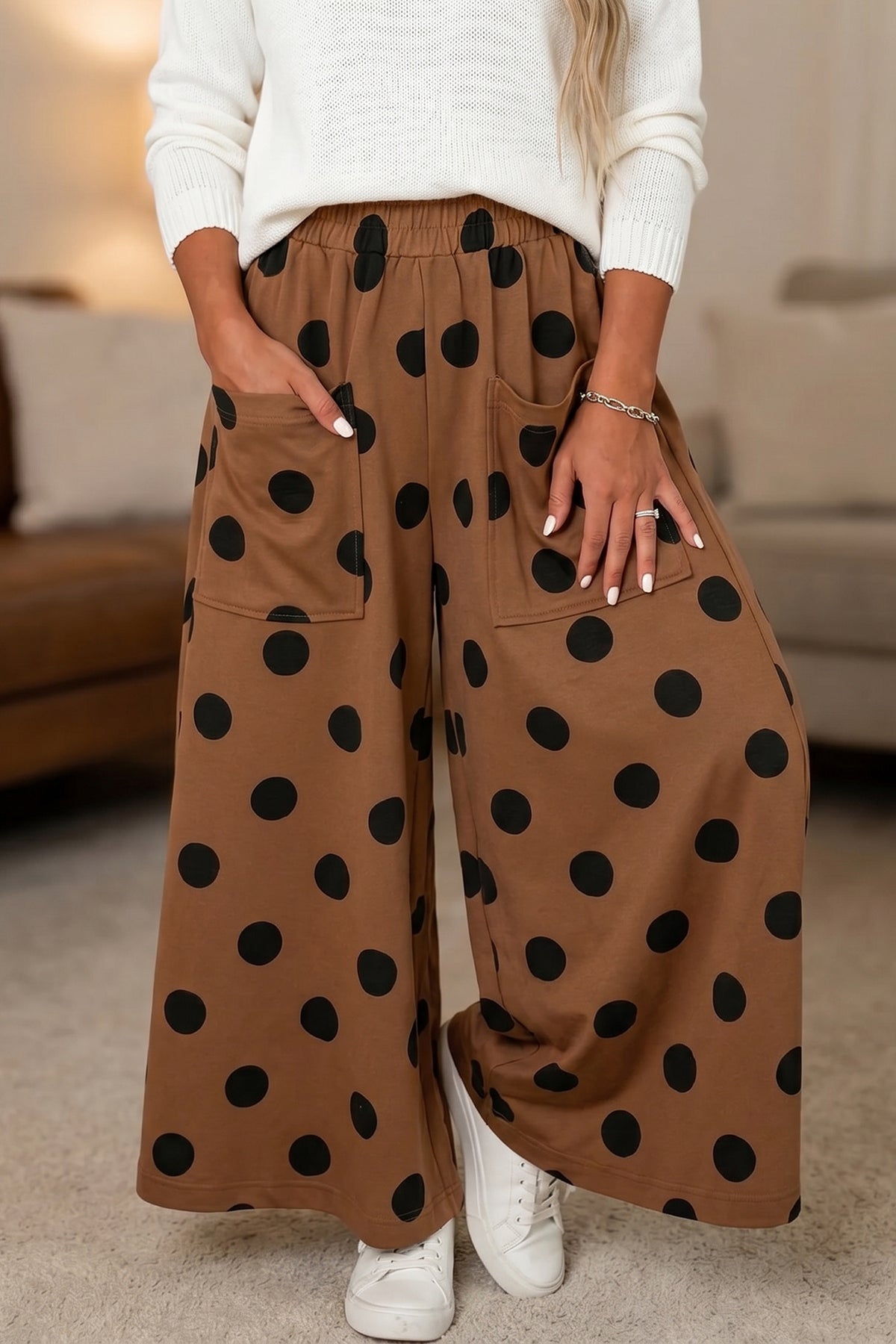 Brown Polka Dot Wide Leg Elastic Waist Casual Pants PREORDER ETA 3 WEEKS