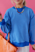 Blue Stripe Ribbed Cuffs Hem Long Sleeve Pullover Top