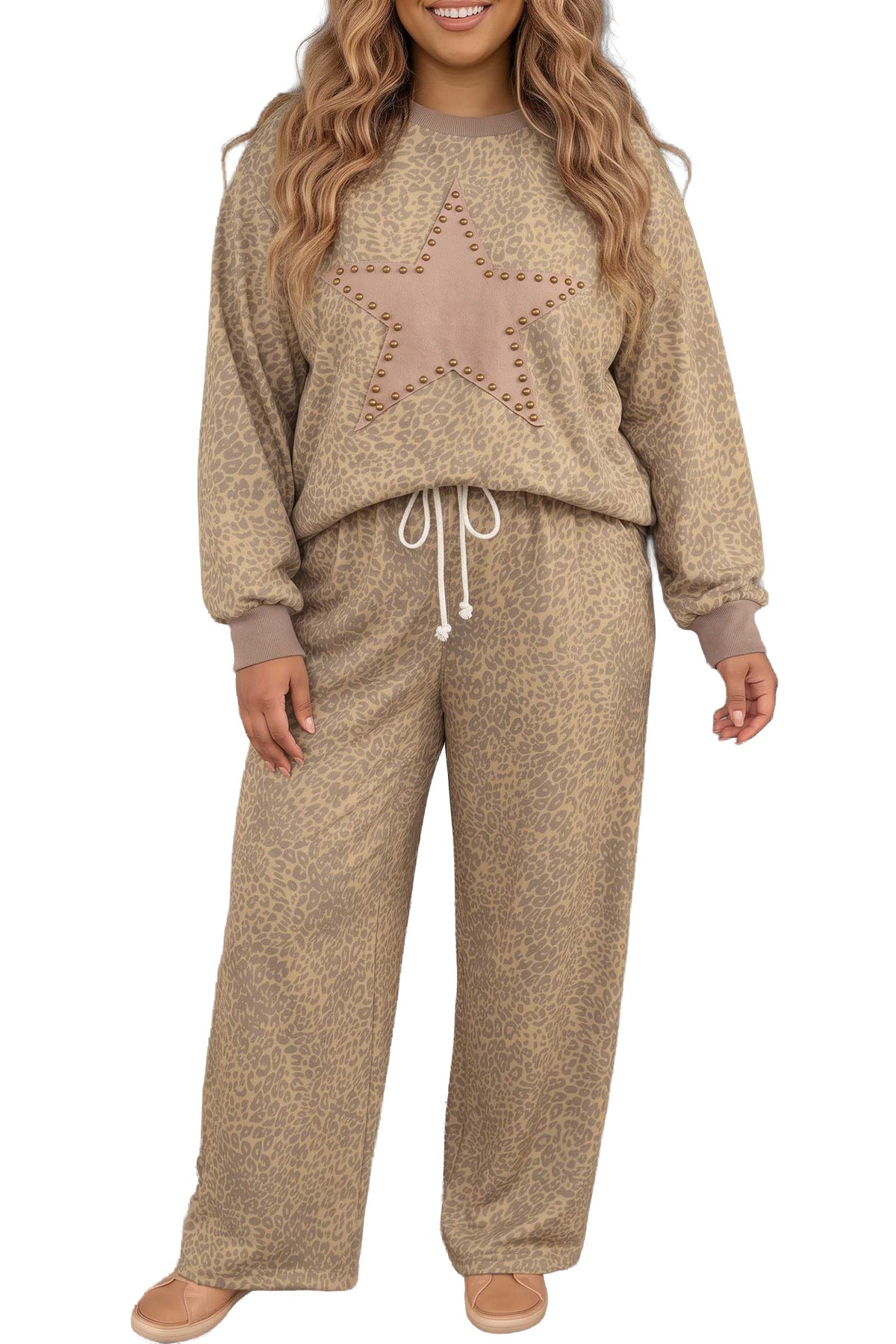 Khaki Leopard Print Star Patch Colorblock Long Sleeve Top Plus Size Drawstring Pants Set PREORDER ETA 3 WEEKS