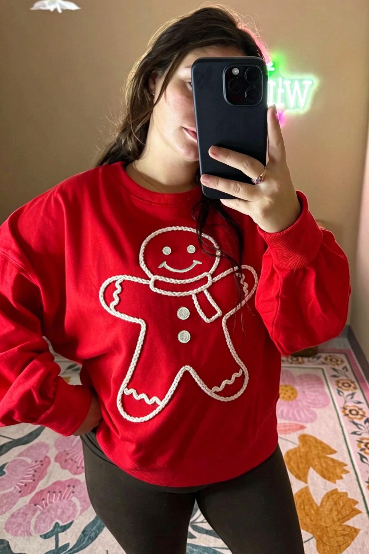 Fiery Red Christmas Embroidered Long Sleeve Casual Round Neck Loose Fit Sweatshirt PREORDER ETA 3 WEEKS