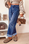 Navy Blue Studded Detail Straight Leg Casual Loose Jeans PREORDER ETA 3 WEEKS