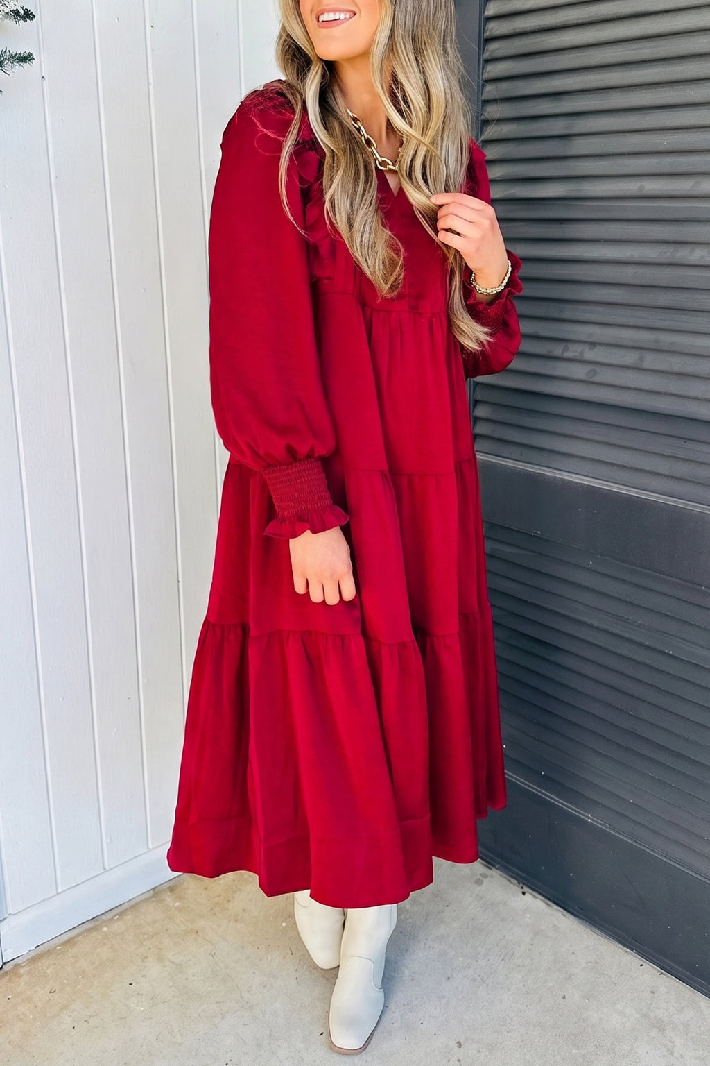 Racing Red Solid Color Ruffle Trim Long Sleeve Tiered Shift Midi Dress PREORDER ETA 3 WEEKS
