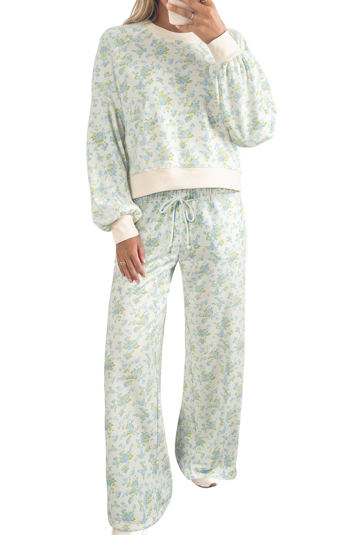 Sky Blue Floral Print Long Sleeve Top Drawstring Wide Leg Pants Set PREORDER ETA 3 WEEKS