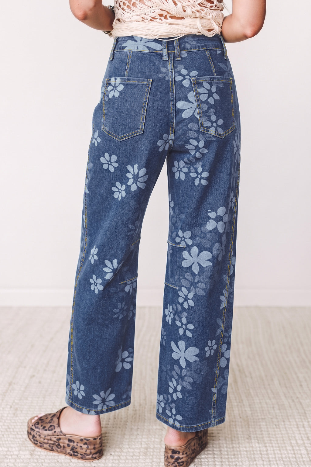 Blue Floral Print Ankle Length Casual Pocket Jeans PREORDER ETA 3 WEEKS