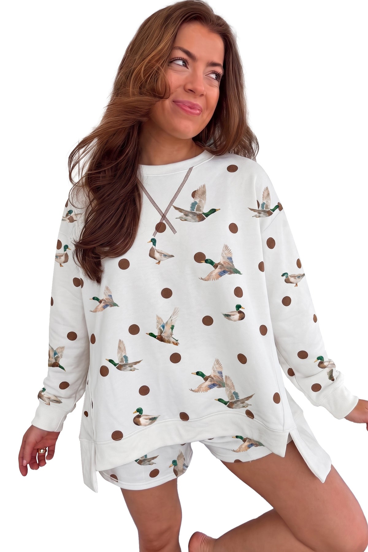 White Polka Dot Malard Print Oversized Pullover and Shorts 2pcs Set PREORDER ETA 3 WEEKS