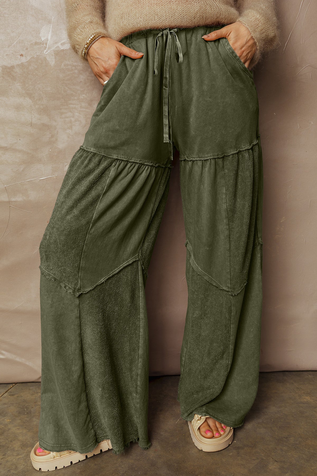 Vineyard Green Mineral Wash Tiered Wide Leg Patchwork Drawstring Pants PREORDER ETA 3 WEEKS