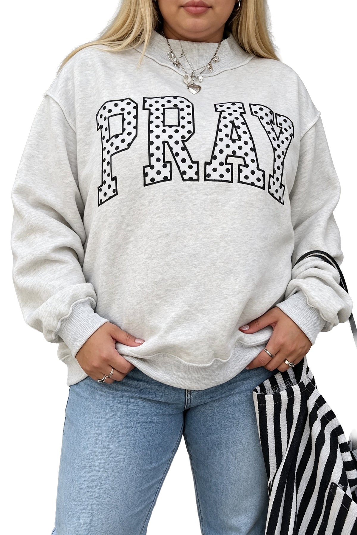 Gray PRAY Polka Dot Letter Print Mock Neck Plus Size Sweatshirt PREORDER ETA 3 WEEKS