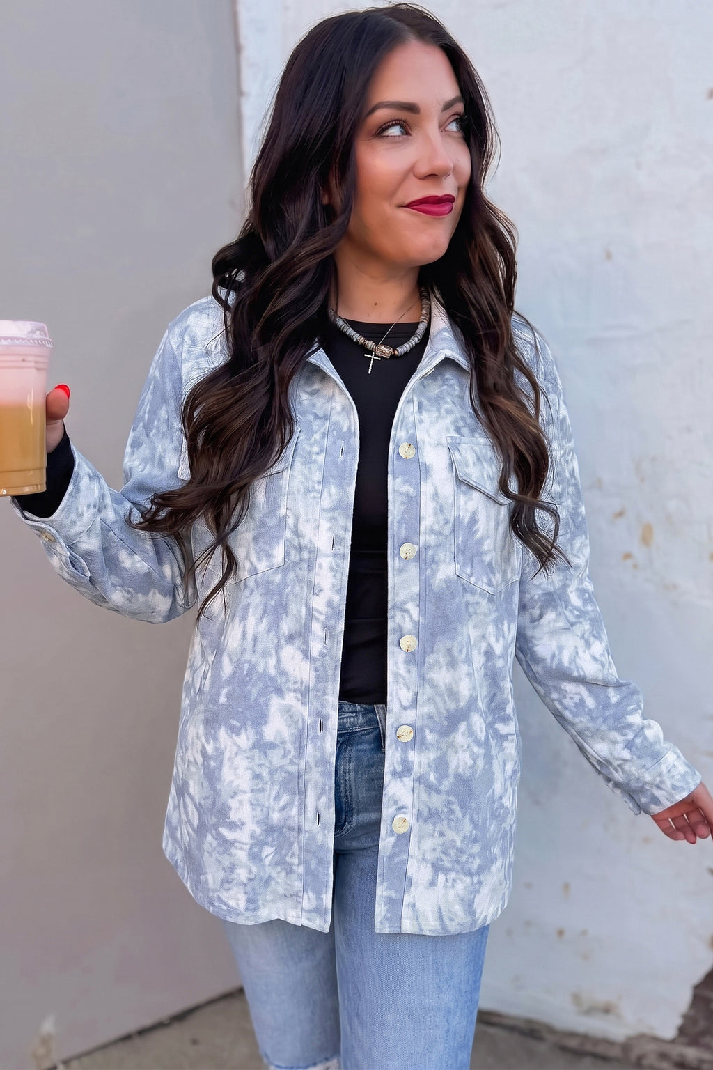 Gray Abstract Print Fuzzy Collar Long Sleeve Patch Pocket Tunic Jacket PREORDER ETA 3 WEEKS