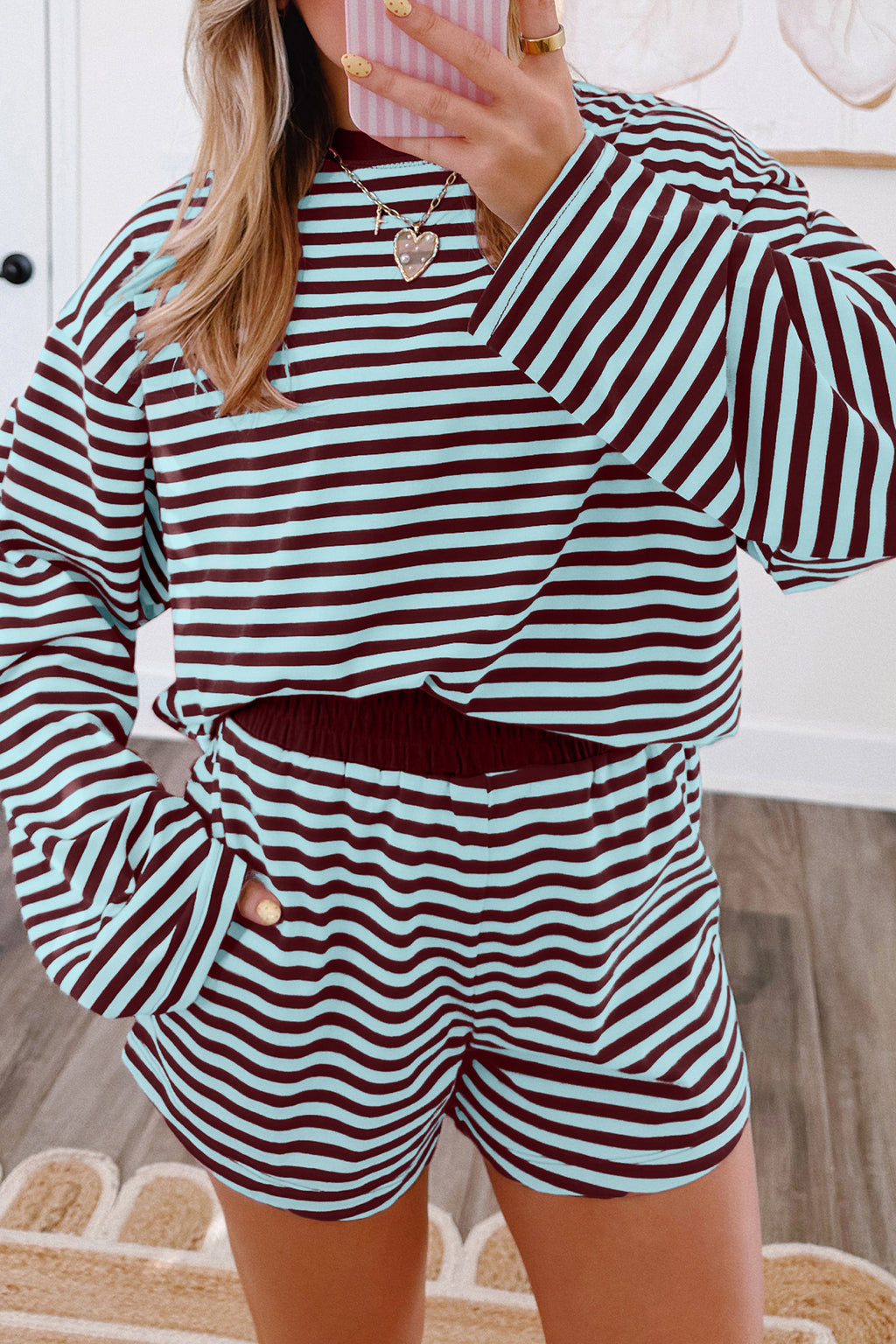 Brown Stripe Relaxed Long Sleeve Top Contrast Elastic Waistband Short Set PREORDER ETA 3 WEEKS