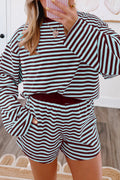 Brown Stripe Relaxed Long Sleeve Top Contrast Elastic Waistband Short Set PREORDER ETA 3 WEEKS