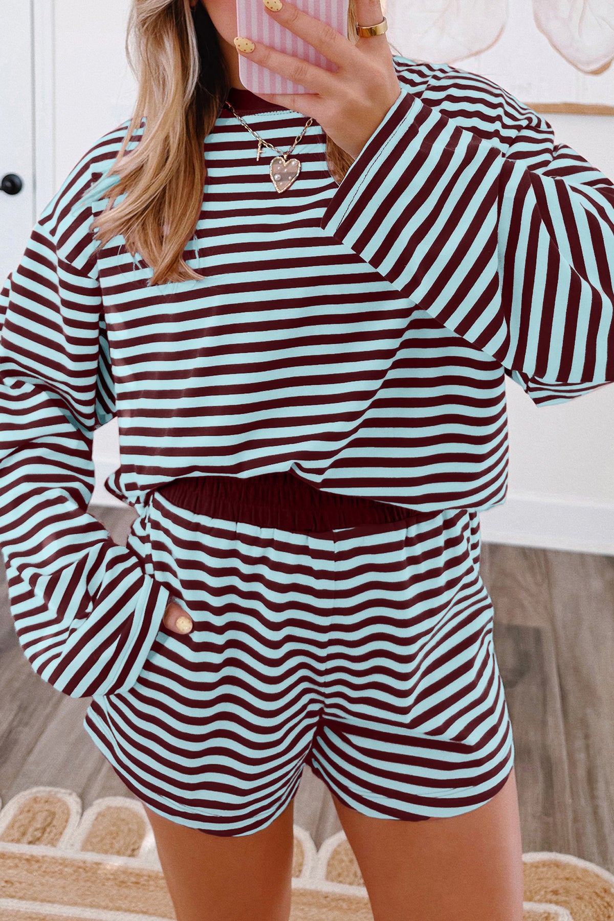 Brown Stripe Relaxed Long Sleeve Top Contrast Elastic Waistband Short Set PREORDER ETA 3 WEEKS